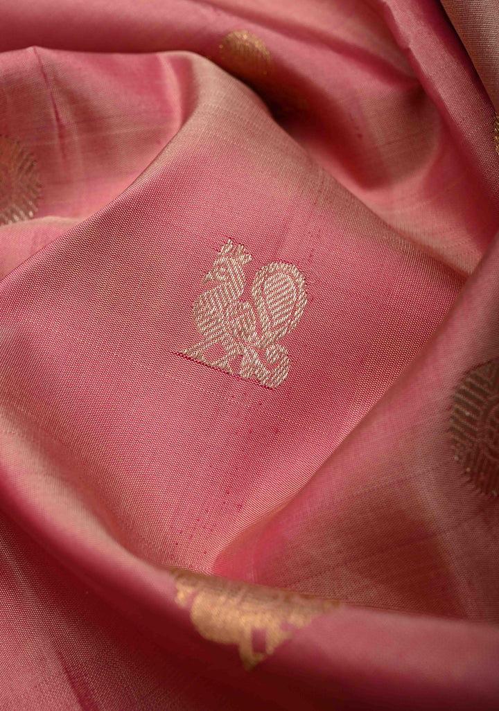 Carnation Pink Gadwal Silk Saree with Silver Gold Zari Buttas and Contrast Wide Zari Border | SILK MARK CERTIFIED