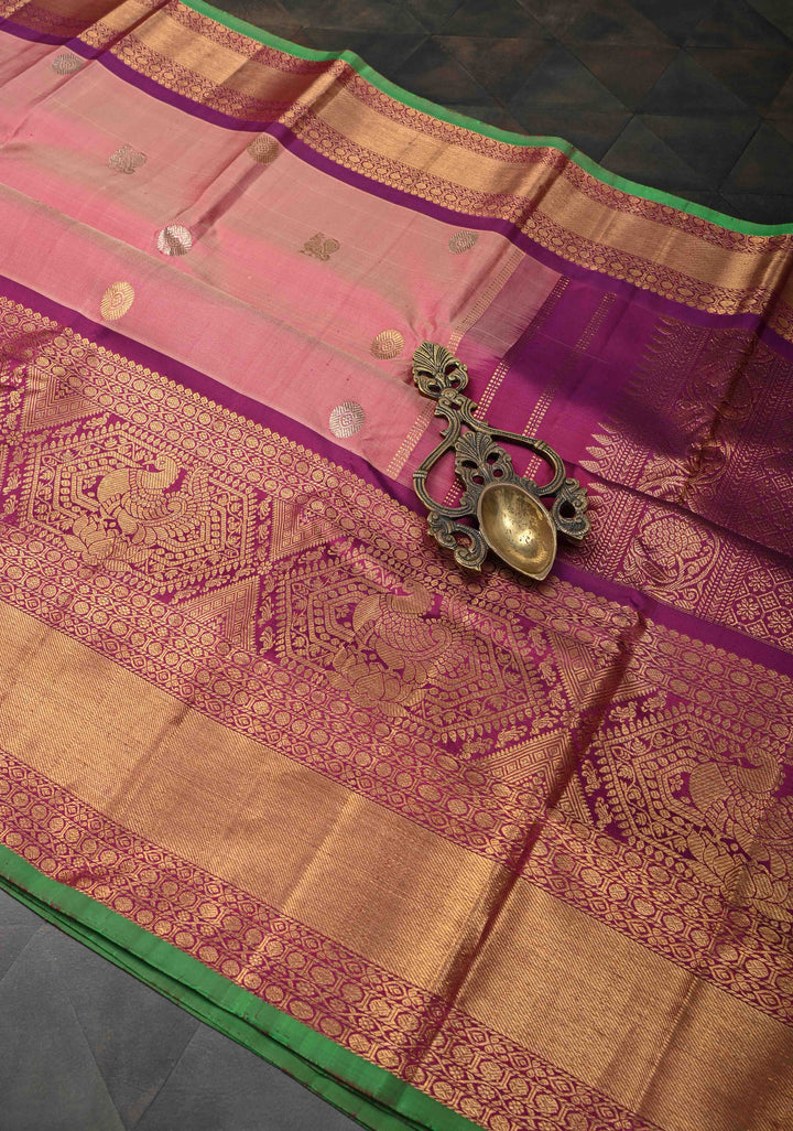 Carnation Pink Gadwal Silk Saree with Silver Gold Zari Buttas and Contrast Wide Zari Border | SILK MARK CERTIFIED