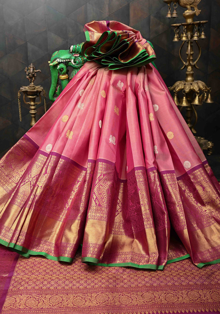 Carnation Pink Gadwal Silk Saree with Silver Gold Zari Buttas and Contrast Wide Zari Border | SILK MARK CERTIFIED