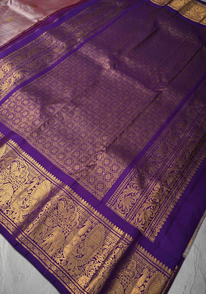 Dusty Mauve Dual tone Gadwal Pure Silk Saree with Zari Checks, Buttas and Contrast Border  | SILK MARK CERTIFIED