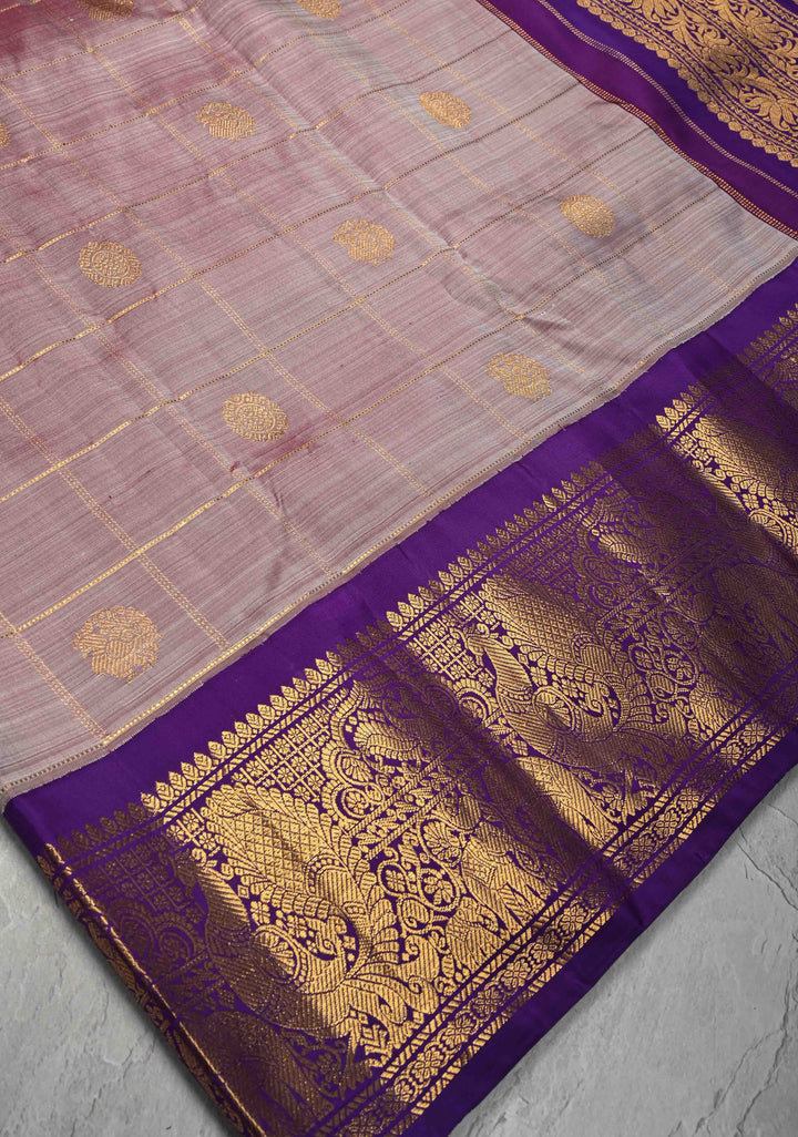 Dusty Mauve Dual tone Gadwal Pure Silk Saree with Zari Checks, Buttas and Contrast Border  | SILK MARK CERTIFIED
