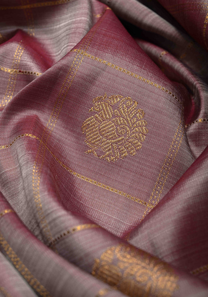Dusty Mauve Dual tone Gadwal Pure Silk Saree with Zari Checks, Buttas and Contrast Border  | SILK MARK CERTIFIED