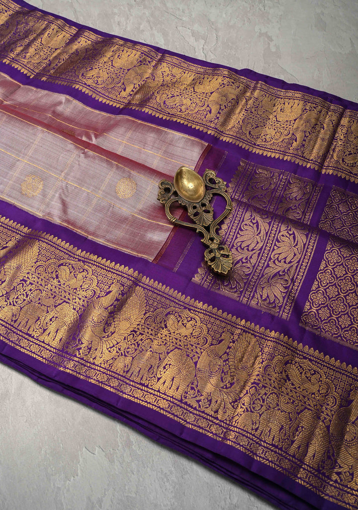 Dusty Mauve Dual tone Gadwal Pure Silk Saree with Zari Checks, Buttas and Contrast Border  | SILK MARK CERTIFIED