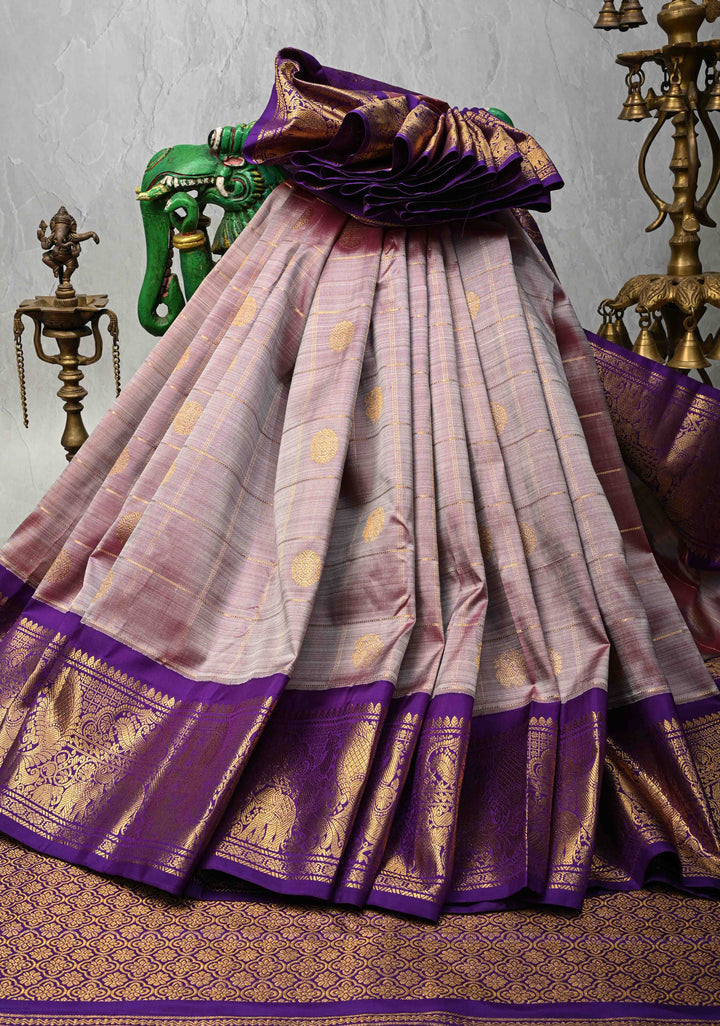 Dusty Mauve Dual tone Gadwal Pure Silk Saree with Zari Checks, Buttas and Contrast Border  | SILK MARK CERTIFIED