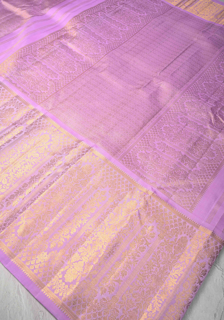 Lilac Brocade Gadwal Silk Saree with wide zari Border | SILK MARK CERTIFIED