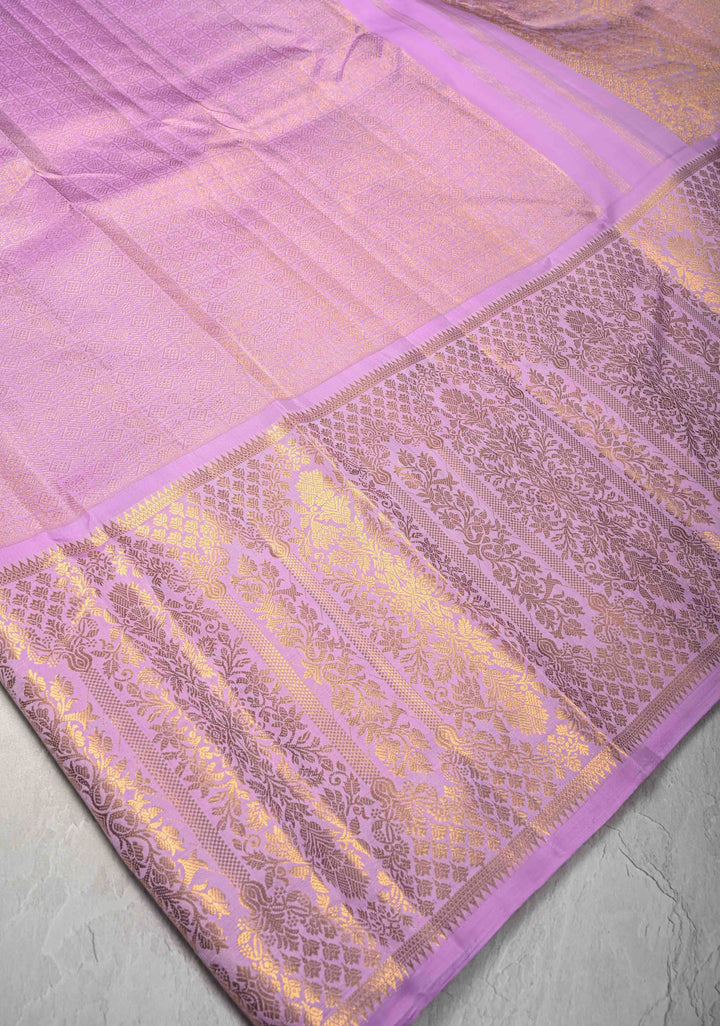 Lilac Brocade Gadwal Silk Saree with wide zari Border | SILK MARK CERTIFIED
