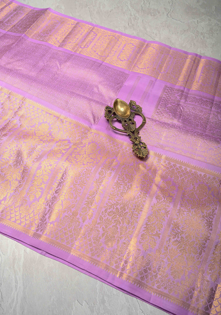 Lilac Brocade Gadwal Silk Saree with wide zari Border | SILK MARK CERTIFIED