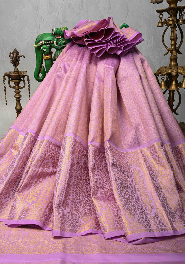 Lilac Brocade Gadwal Silk Saree with wide zari Border | SILK MARK CERTIFIED