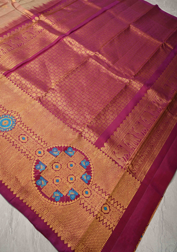 Dusty Amethyst Gadwal Silk Saree with Gold-Silver Buttas and Meenakari Mandal Motifs on Border | SILK MARK CERTIFIED