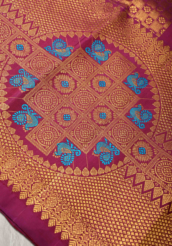 Dusty Amethyst Gadwal Silk Saree with Gold-Silver Buttas and Meenakari Mandal Motifs on Border | SILK MARK CERTIFIED