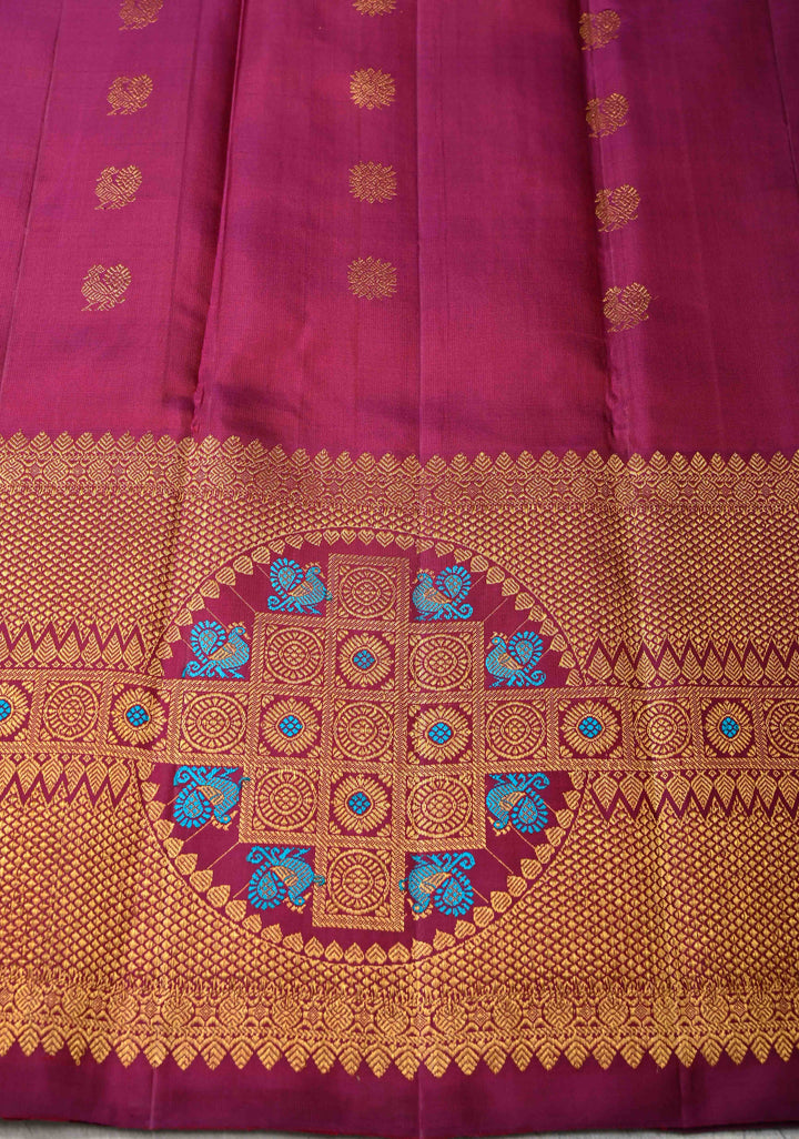 Dusty Amethyst Gadwal Silk Saree with Gold-Silver Buttas and Meenakari Mandal Motifs on Border | SILK MARK CERTIFIED