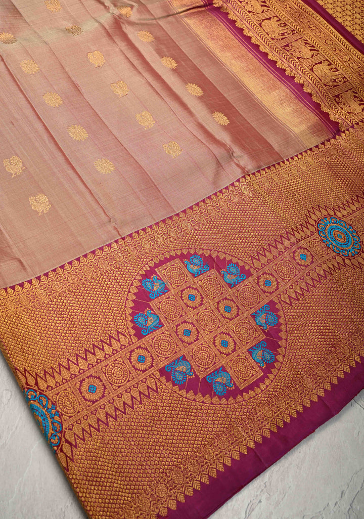 Dusty Amethyst Gadwal Silk Saree with Gold-Silver Buttas and Meenakari Mandal Motifs on Border | SILK MARK CERTIFIED
