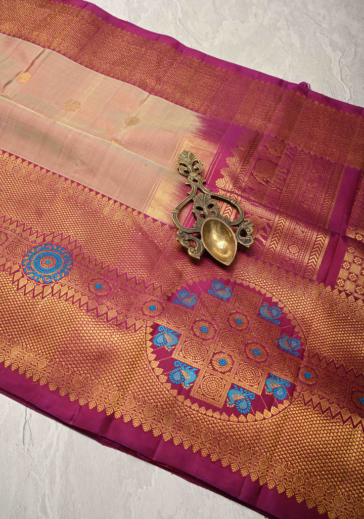 Dusty Amethyst Gadwal Silk Saree with Gold-Silver Buttas and Meenakari Mandal Motifs on Border | SILK MARK CERTIFIED
