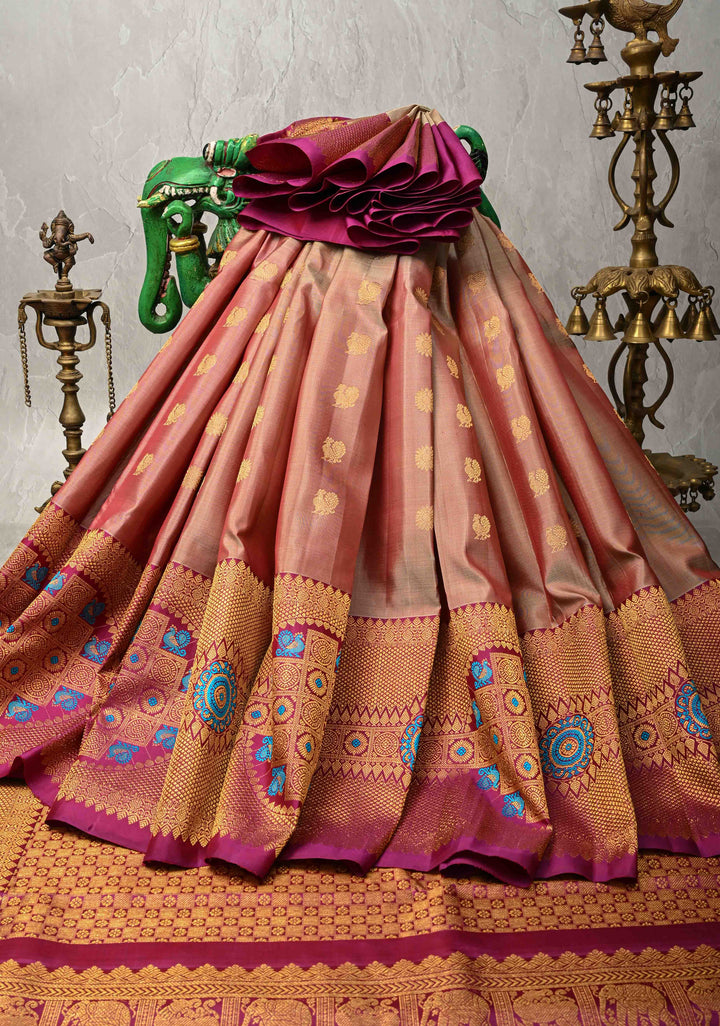 Dusty Amethyst Gadwal Silk Saree with Gold-Silver Buttas and Meenakari Mandal Motifs on Border | SILK MARK CERTIFIED