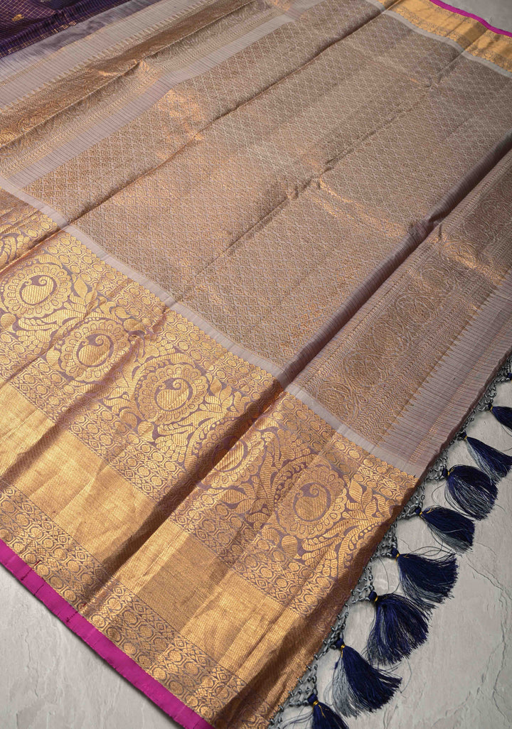 Eggplant Purple Podi-Kattam Zari Checks on Gadwal Silk Saree with Gold-Silver Buttas and Wide Zari Border | SILK MARK CERTIFIED