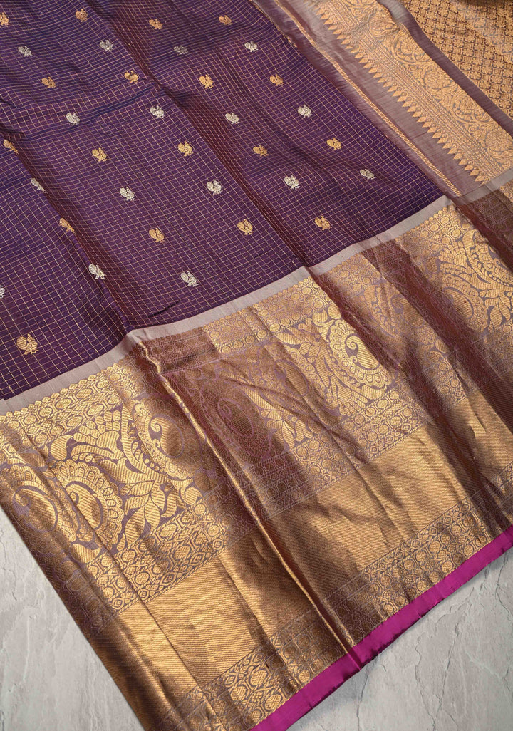 Eggplant Purple Podi-Kattam Zari Checks on Gadwal Silk Saree with Gold-Silver Buttas and Wide Zari Border | SILK MARK CERTIFIED