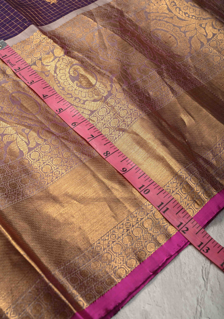 Eggplant Purple Podi-Kattam Zari Checks on Gadwal Silk Saree with Gold-Silver Buttas and Wide Zari Border | SILK MARK CERTIFIED