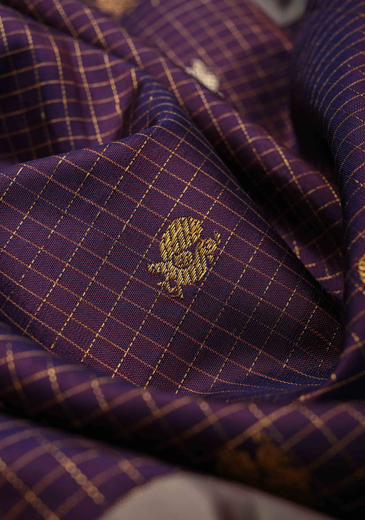Eggplant Purple Podi-Kattam Zari Checks on Gadwal Silk Saree with Gold-Silver Buttas and Wide Zari Border | SILK MARK CERTIFIED
