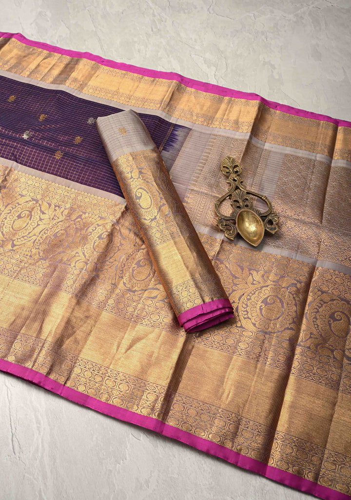 Eggplant Purple Podi-Kattam Zari Checks on Gadwal Silk Saree with Gold-Silver Buttas and Wide Zari Border | SILK MARK CERTIFIED