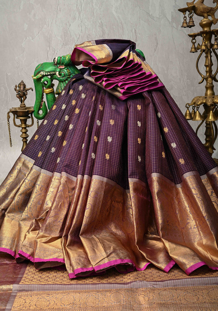 Eggplant Purple Podi-Kattam Zari Checks on Gadwal Silk Saree with Gold-Silver Buttas and Wide Zari Border | SILK MARK CERTIFIED