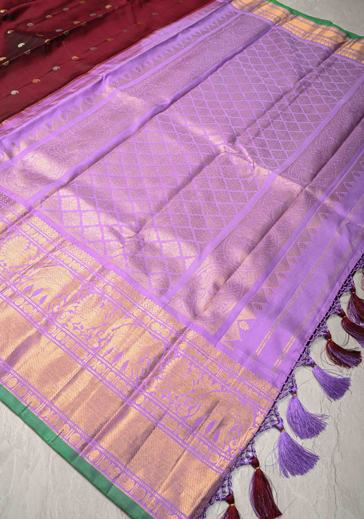 Maroon Gadwal Silk Saree with Gold-Silver Buttas and Contrast Wide Zari Border | SILK MARK CERTIFIED