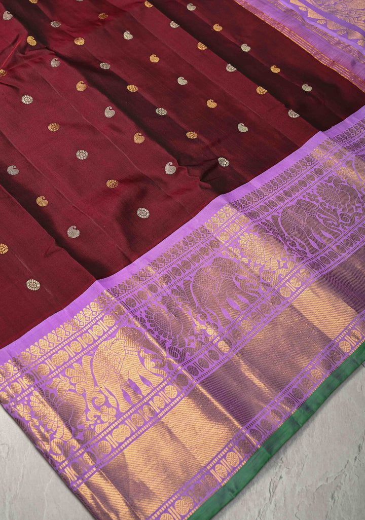 Maroon Gadwal Silk Saree with Gold-Silver Buttas and Contrast Wide Zari Border | SILK MARK CERTIFIED