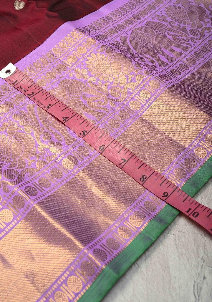 Maroon Gadwal Silk Saree with Gold-Silver Buttas and Contrast Wide Zari Border | SILK MARK CERTIFIED