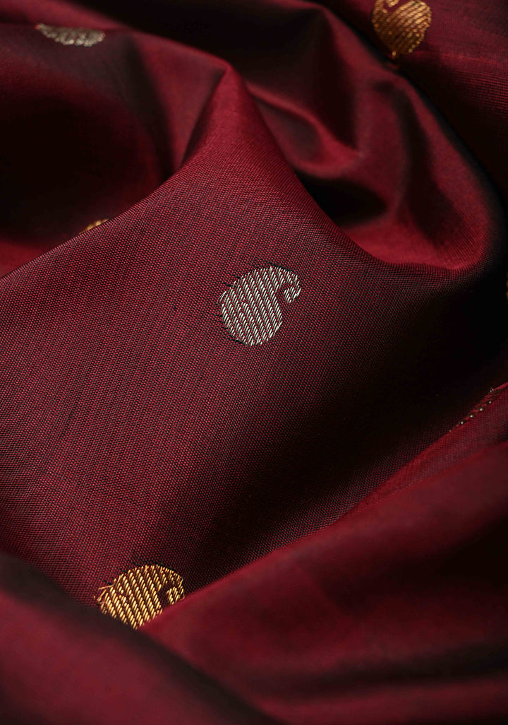 Maroon Gadwal Silk Saree with Gold-Silver Buttas and Contrast Wide Zari Border | SILK MARK CERTIFIED