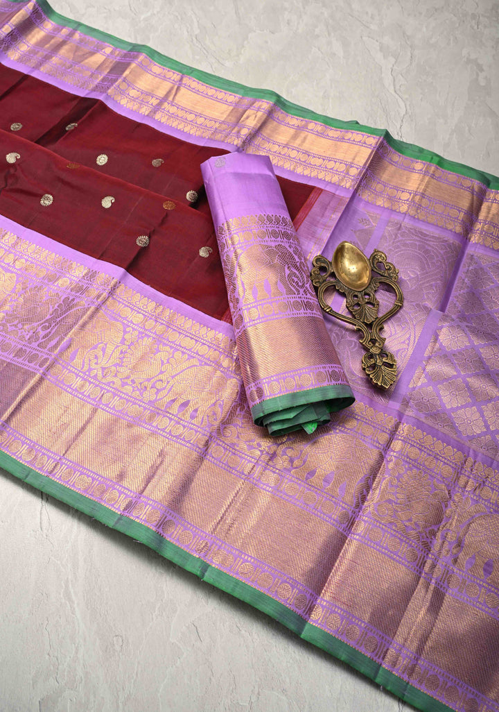 Maroon Gadwal Silk Saree with Gold-Silver Buttas and Contrast Wide Zari Border | SILK MARK CERTIFIED