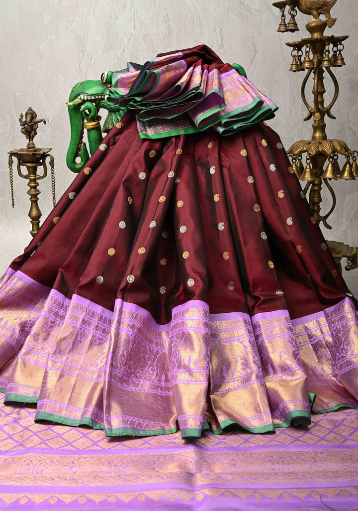 Maroon Gadwal Silk Saree with Gold-Silver Buttas and Contrast Wide Zari Border | SILK MARK CERTIFIED