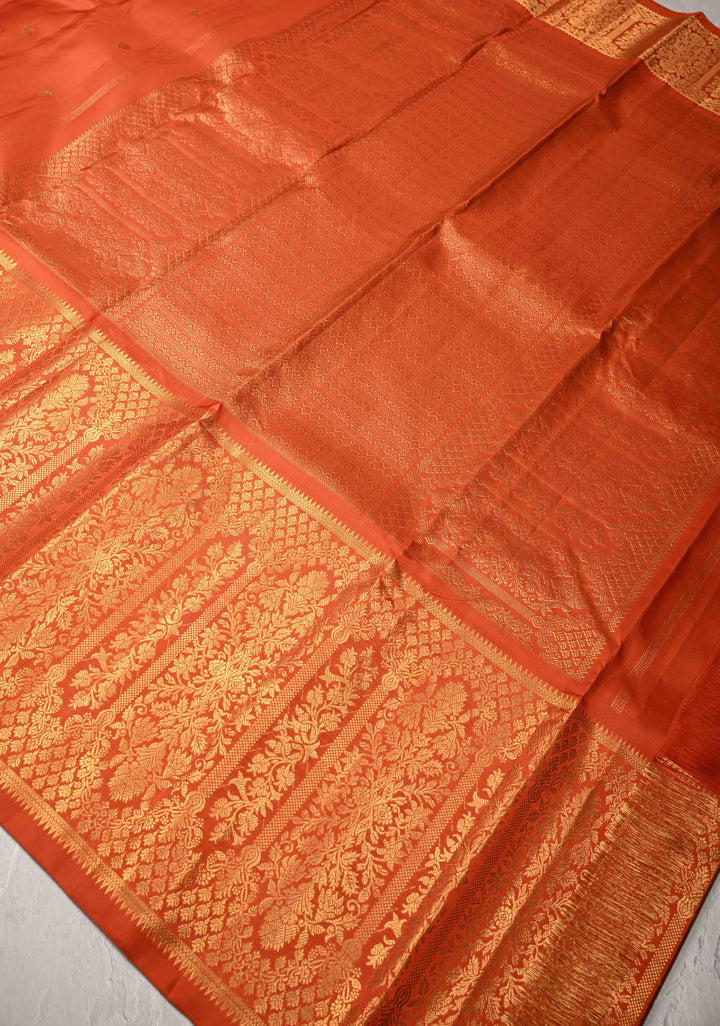 Rust Orange Gadwal Silk Saree with Zari Buttas and Wide Zari Border | SILK MARK CERTIFIED