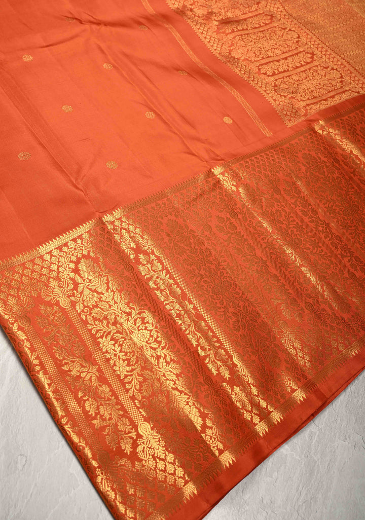Rust Orange Gadwal Silk Saree with Zari Buttas and Wide Zari Border | SILK MARK CERTIFIED