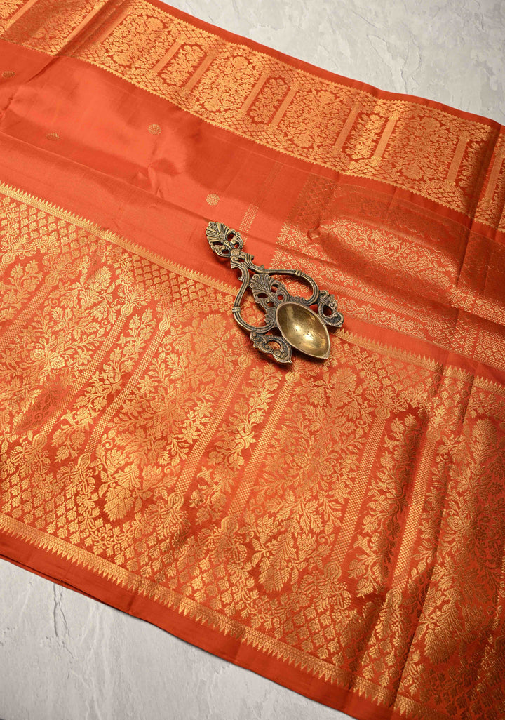 Rust Orange Gadwal Silk Saree with Zari Buttas and Wide Zari Border | SILK MARK CERTIFIED