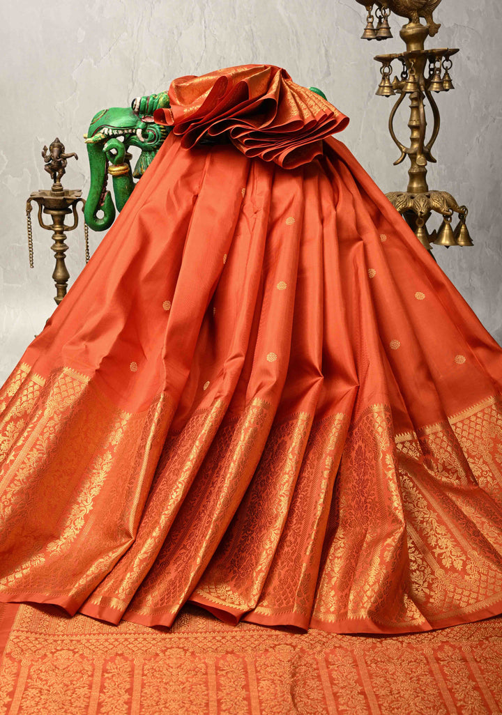 Rust Orange Gadwal Silk Saree with Zari Buttas and Wide Zari Border | SILK MARK CERTIFIED