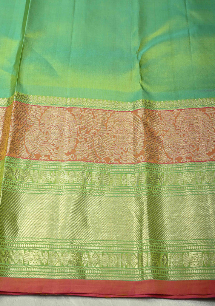 Yellow Gadwal Handwoven Pure Silk Saree with Meenakari Rangoli Zari Buttas with Pink and Teal Border | SILK MARK CERTIFIED