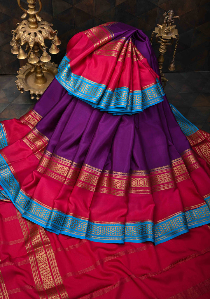 Purple and Pink Mysore silk Saree with Contrast Zari Border in KSIC Grade Thickness| SILK MARK CERTIFIED