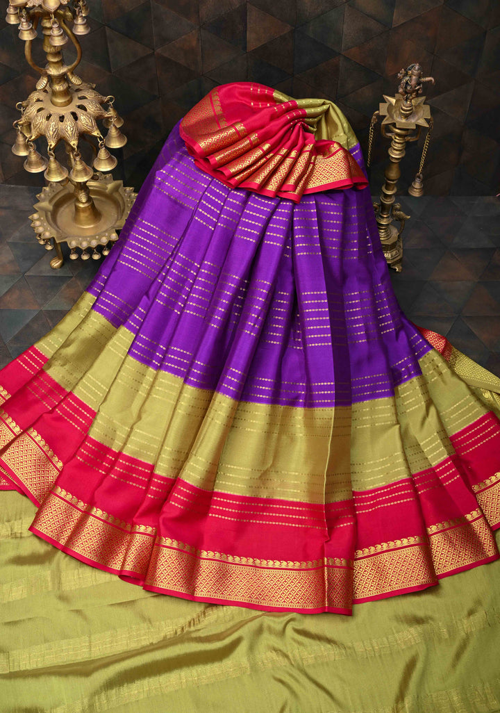 Mysore Silk Saree in Purple with Horizontal stripes and Panel Border in KSIC Grade Thickness | SILK MARK CERTIFIED