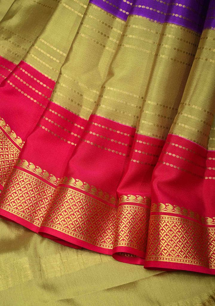 Mysore Silk Saree in Purple with Horizontal stripes and Panel Border in KSIC Grade Thickness | SILK MARK CERTIFIED