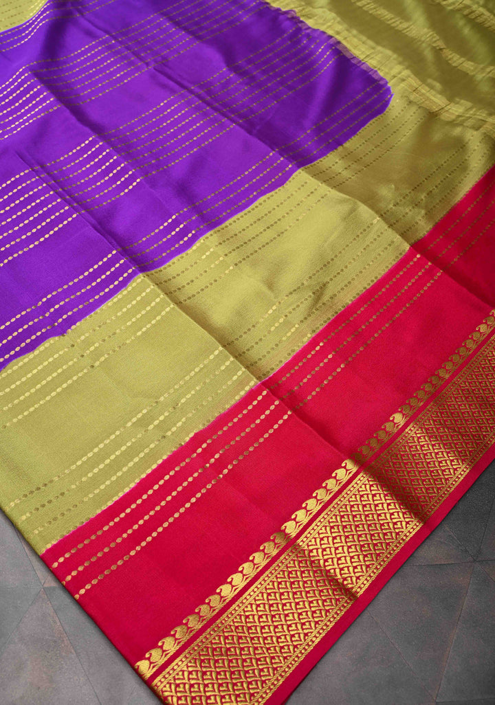 Mysore Silk Saree in Purple with Horizontal stripes and Panel Border in KSIC Grade Thickness | SILK MARK CERTIFIED