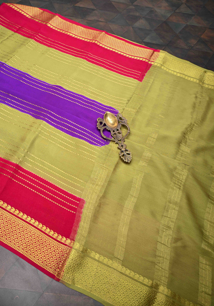 Mysore Silk Saree in Purple with Horizontal stripes and Panel Border in KSIC Grade Thickness | SILK MARK CERTIFIED