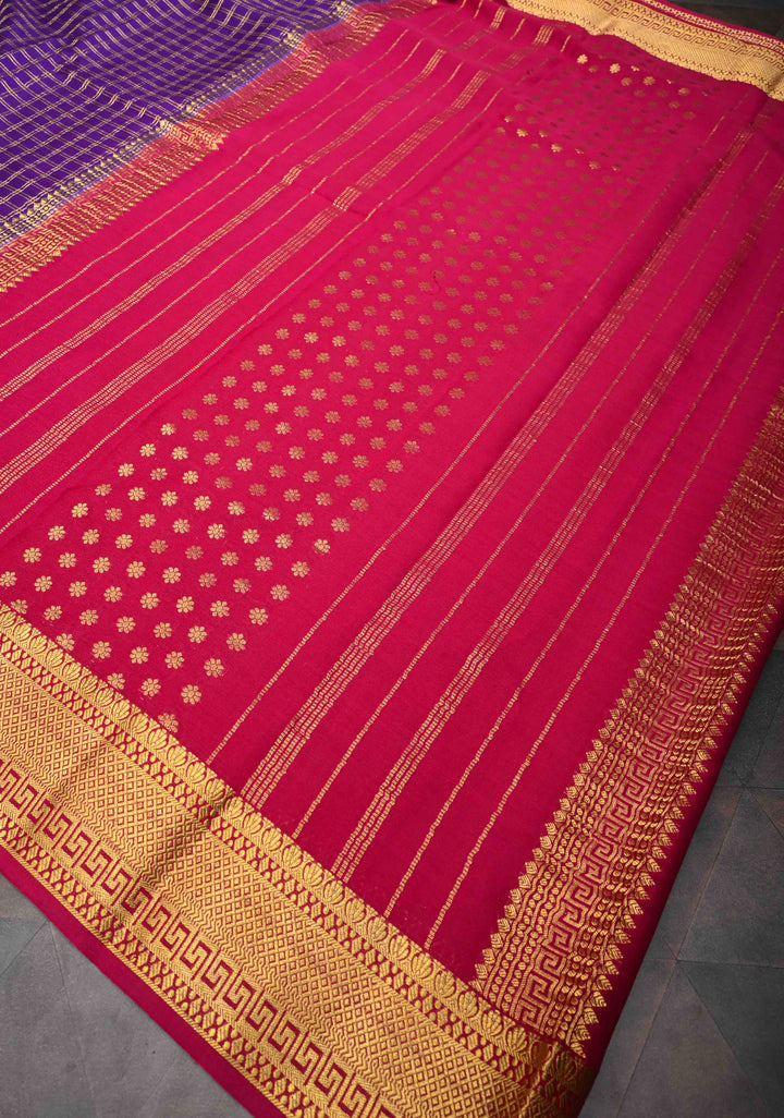 Purple Checks Zari Mysore silk Saree With Zari Border in KSIC Grade Thickness | SILK MARK CERTIFIED