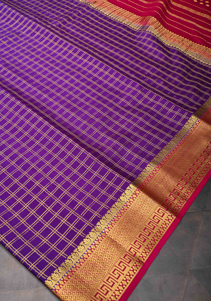 Purple Checks Zari Mysore silk Saree With Zari Border in KSIC Grade Thickness | SILK MARK CERTIFIED