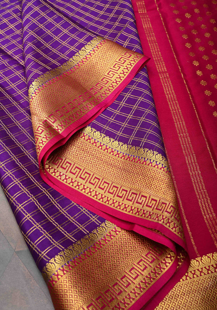 Purple Checks Zari Mysore silk Saree With Zari Border in KSIC Grade Thickness | SILK MARK CERTIFIED