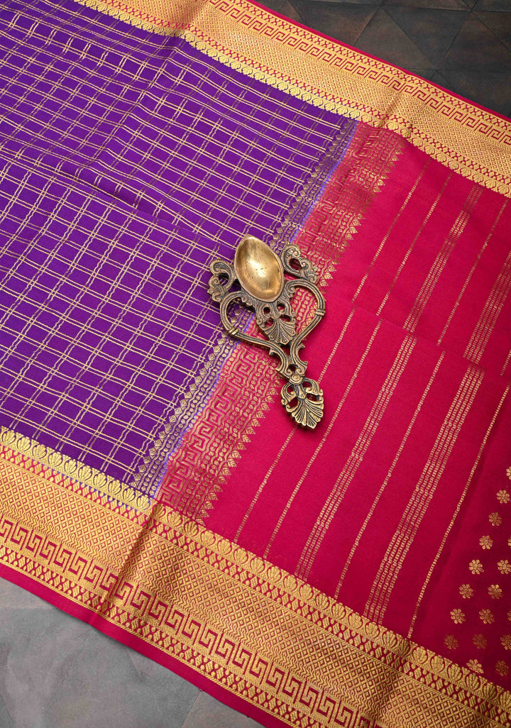 Purple Checks Zari Mysore silk Saree With Zari Border in KSIC Grade Thickness | SILK MARK CERTIFIED