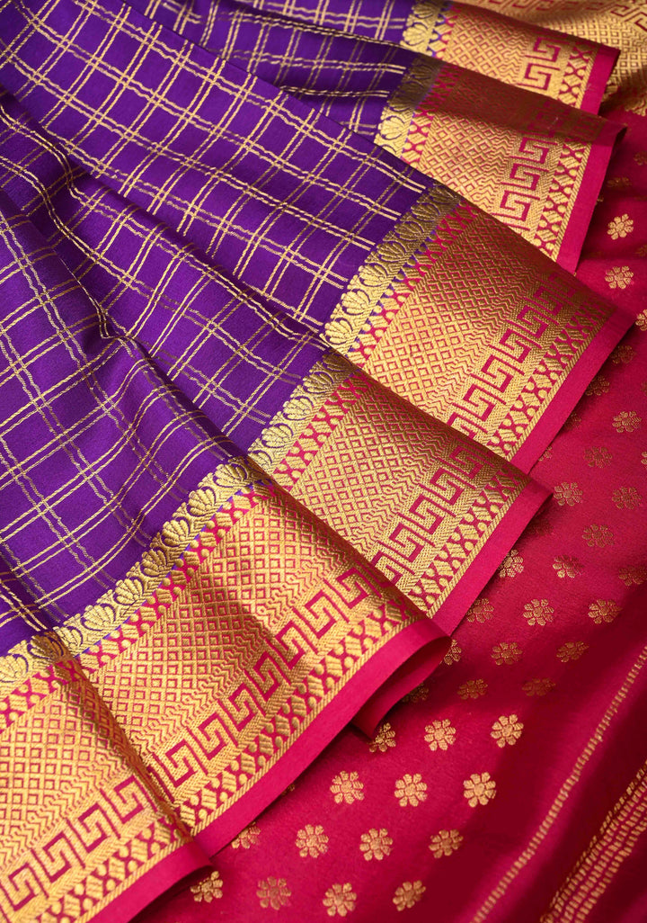 Purple Checks Zari Mysore silk Saree With Zari Border in KSIC Grade Thickness | SILK MARK CERTIFIED