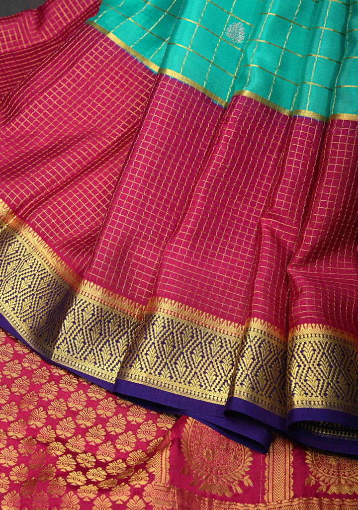 Sea Green Mysore Silk Saree with Checks and Checked Panel Zari Border in KSIC Grade Thickness| SILK MARK CERTIFIED