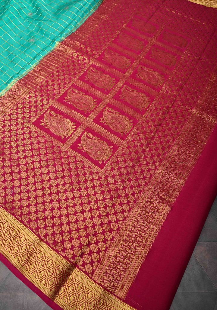 Sea Green Mysore Silk Saree with Checks and Checked Panel Zari Border in KSIC Grade Thickness| SILK MARK CERTIFIED