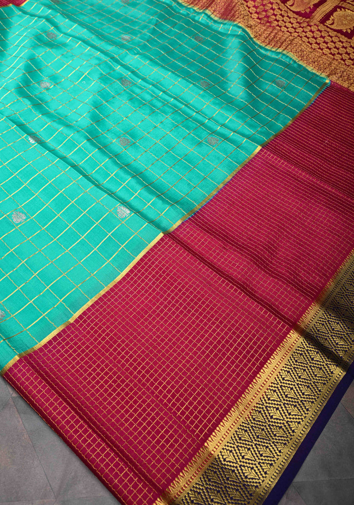Sea Green Mysore Silk Saree with Checks and Checked Panel Zari Border in KSIC Grade Thickness| SILK MARK CERTIFIED