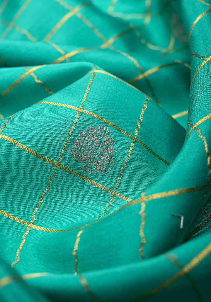 Sea Green Mysore Silk Saree with Checks and Checked Panel Zari Border in KSIC Grade Thickness| SILK MARK CERTIFIED