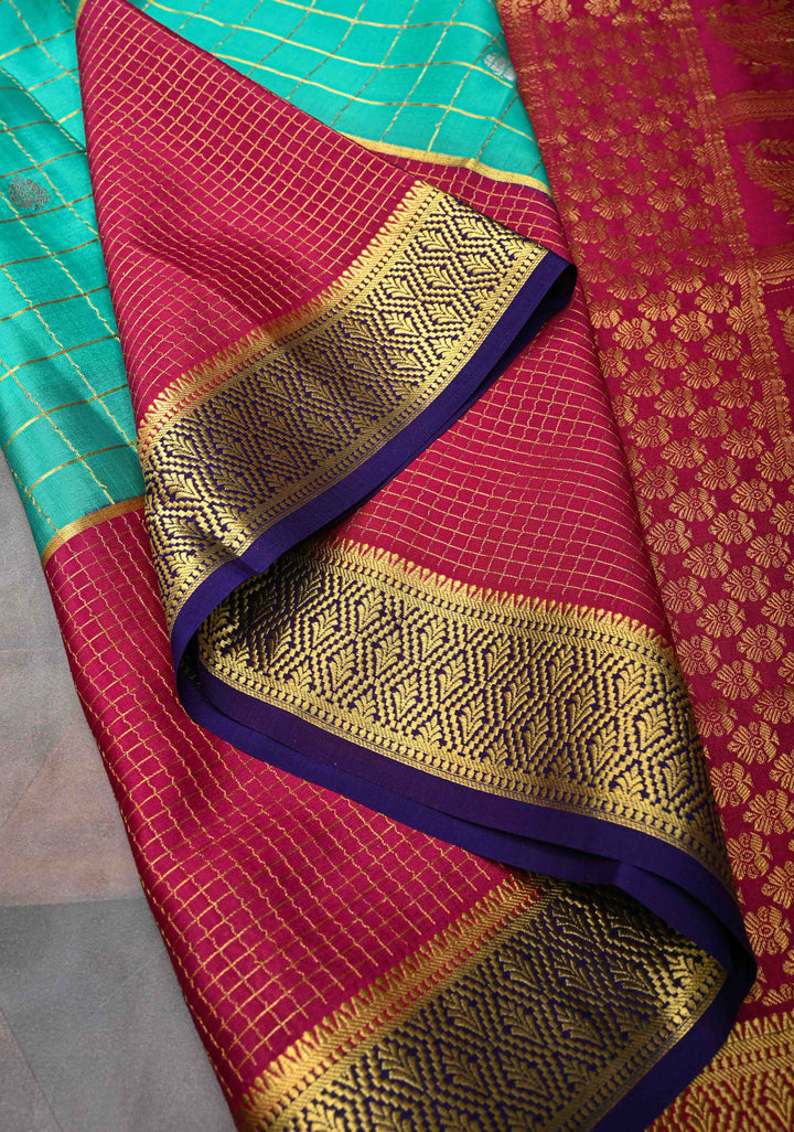 Sea Green Mysore Silk Saree with Checks and Checked Panel Zari Border in KSIC Grade Thickness| SILK MARK CERTIFIED
